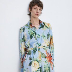 ZARA Woman's Belted Printed SHIRT Dress Light Blue Floral w/Pockets